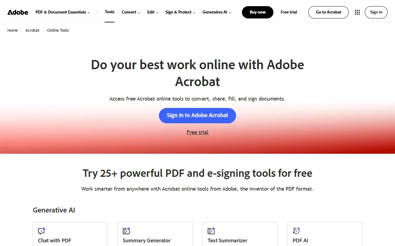 Adobe Acrobat online page headed “Try 25+ powerful PDF and e-signing tools for free”, grouped into Generative AI, Convert, Reduce file size, Edit and Sign & protect