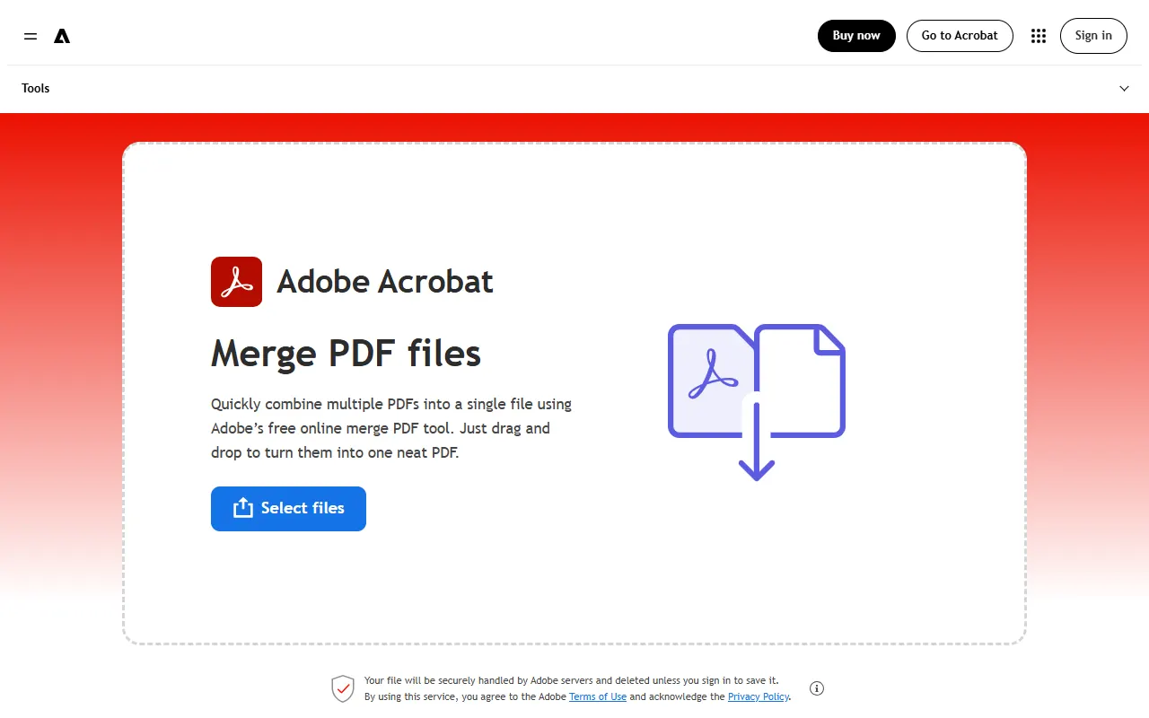 Adobe Acrobat Merge PDF page with a Select files button, a dashed drop zone and a note that files are handled by Adobe servers and deleted unless you sign in