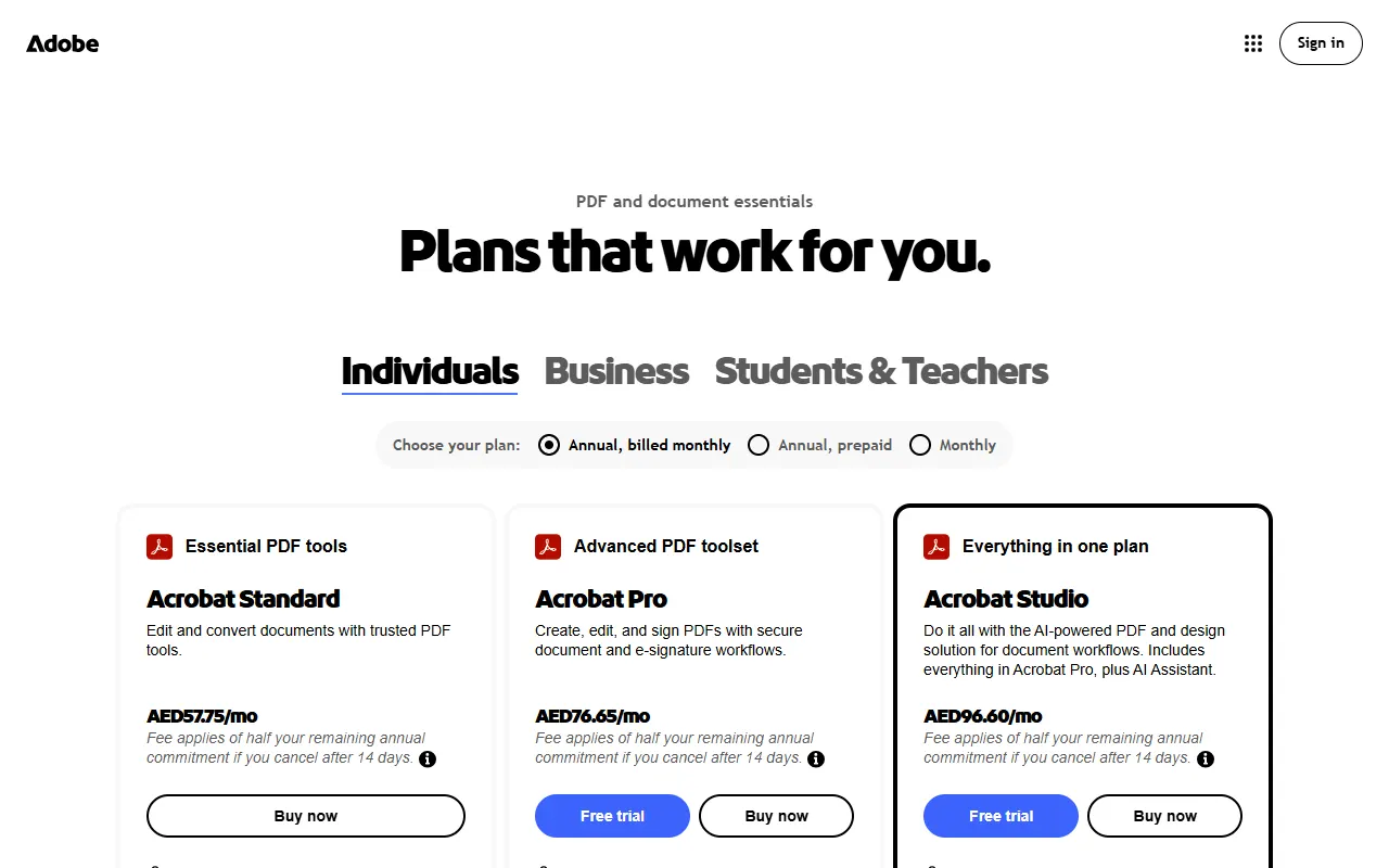 Adobe Acrobat pricing page showing Acrobat Standard, Pro and Studio at AED 57.75, AED 76.65 and AED 96.60 per month on an annual, billed-monthly plan