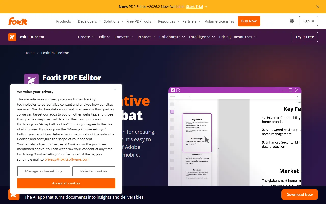 Foxit PDF Editor homepage with the headline βThe #1 Alternative to Adobe Acrobatβ above the plan cards and feature comparison