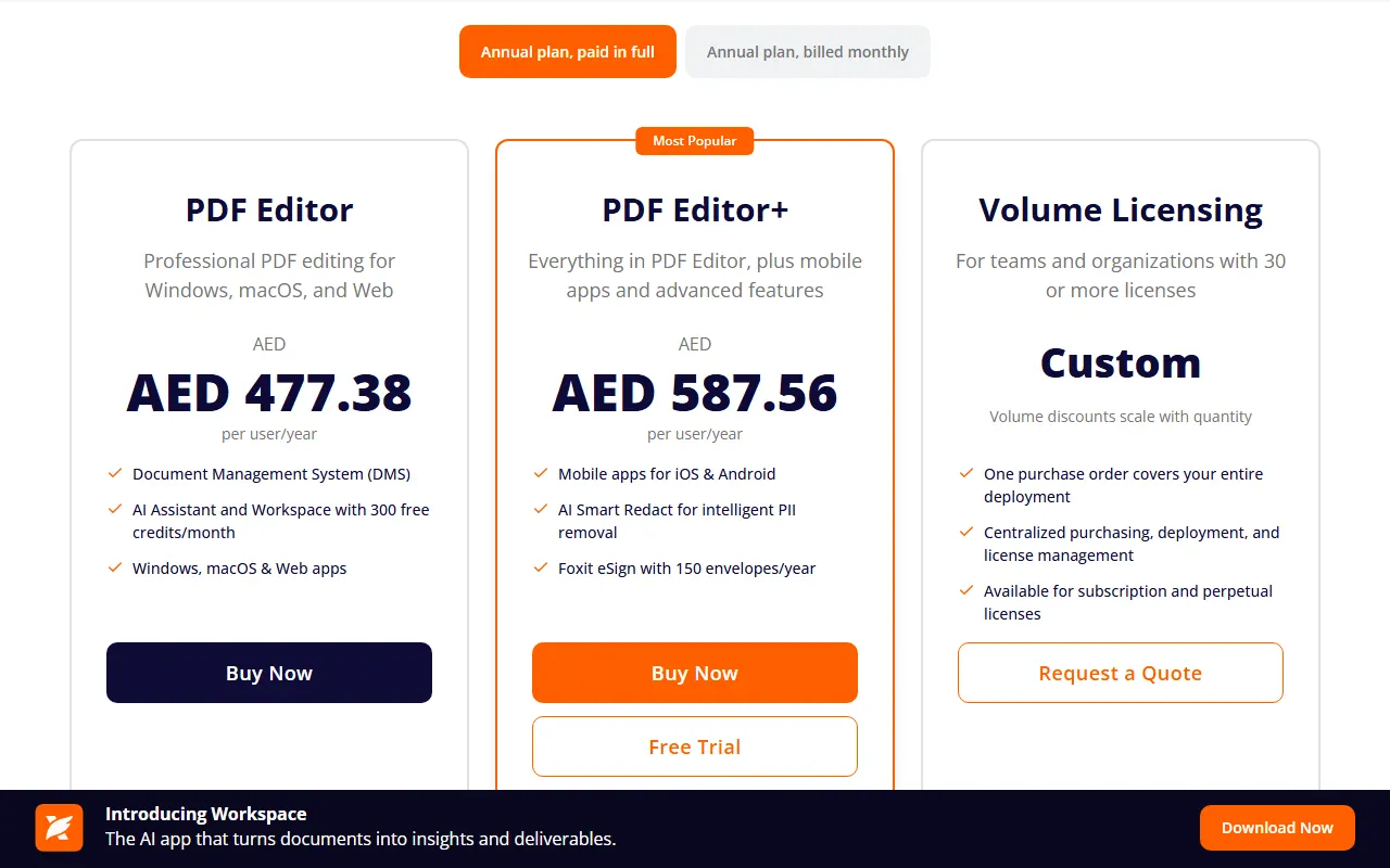 Foxit PDF Editor pricing page comparing PDF Editor, PDF Editor+ and volume licensing