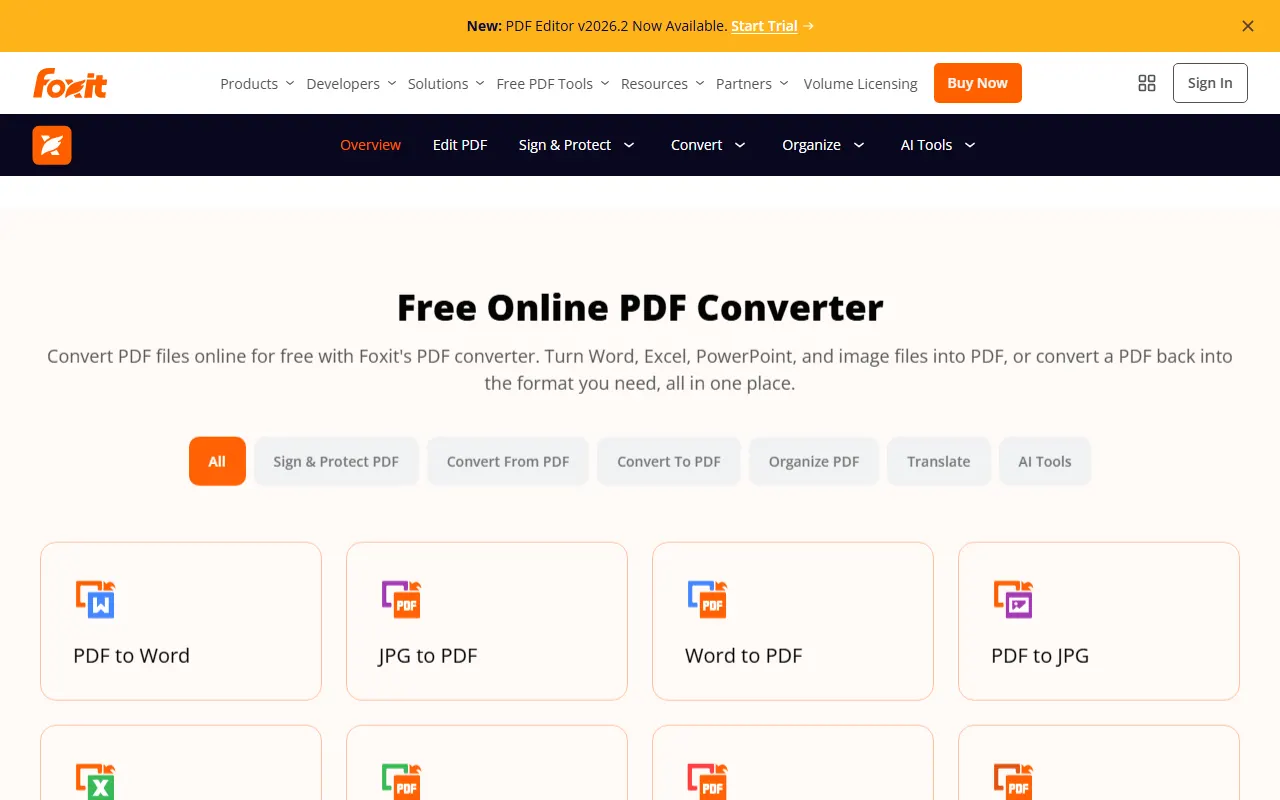 Foxit's free online PDF converter page with its tool grid: PDF to Word, JPG to PDF, Word to PDF and more