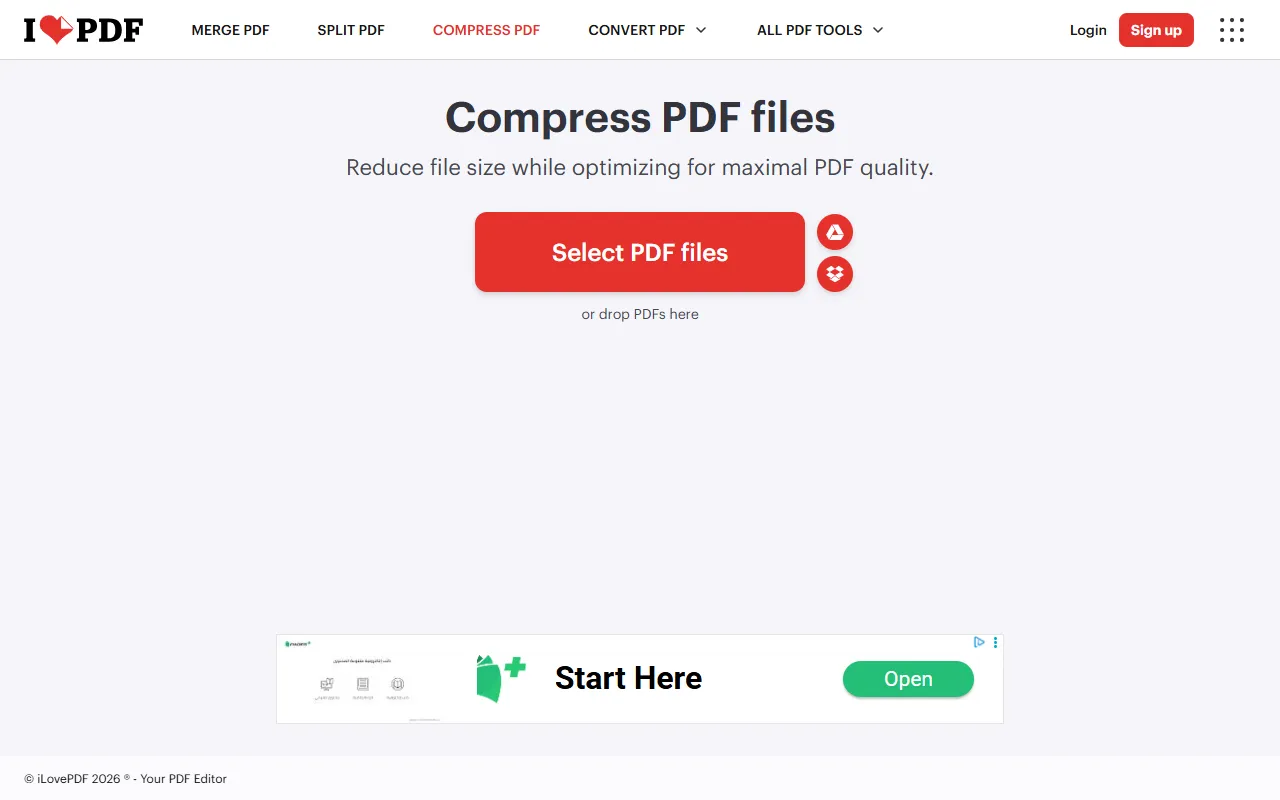 iLovePDF Compress PDF page with a Select PDF files button