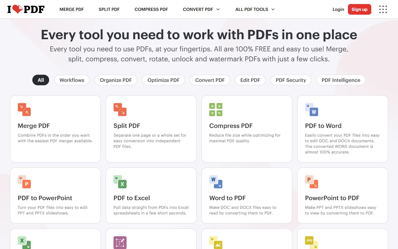 iLovePDF homepage with the headline βEvery tool you need to work with PDFs in one placeβ and a grid of tools: Merge, Split, Compress, PDF to Word, PDF to PowerPoint and more