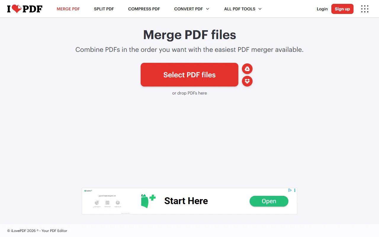 iLovePDF Merge PDF page with a red Select PDF files button and Google Drive and Dropbox import icons
