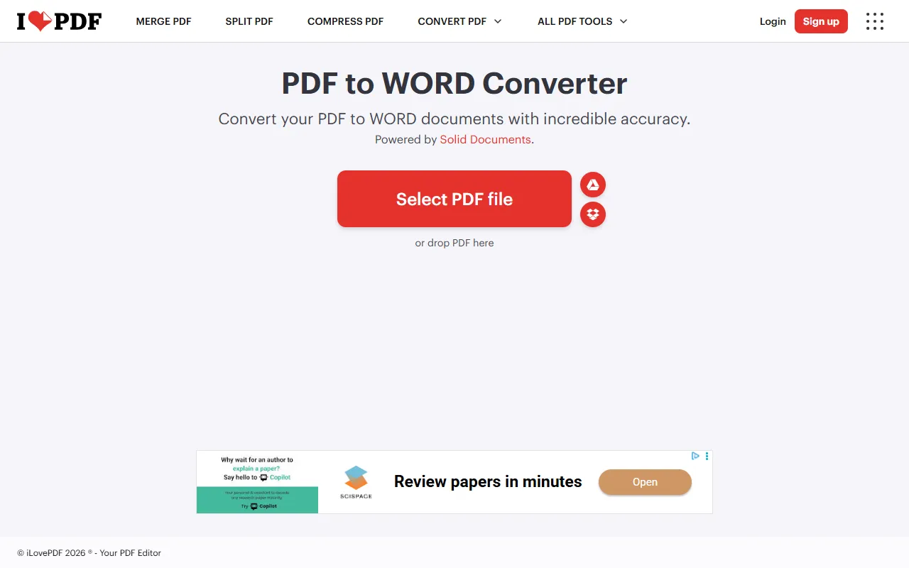 iLovePDF PDF to Word converter page with a Select PDF file button