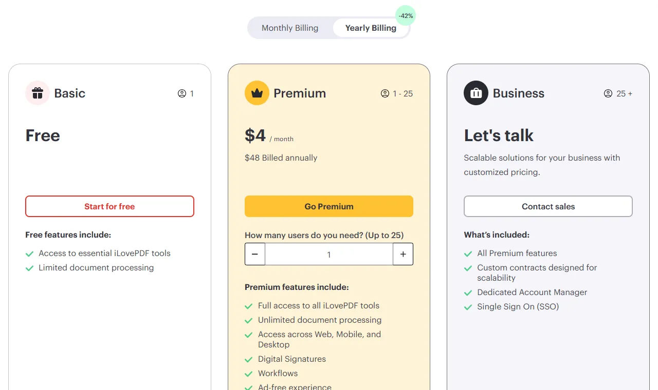 iLovePDF pricing plans: Basic free, Premium $4 per month billed $48 annually, and Business on request