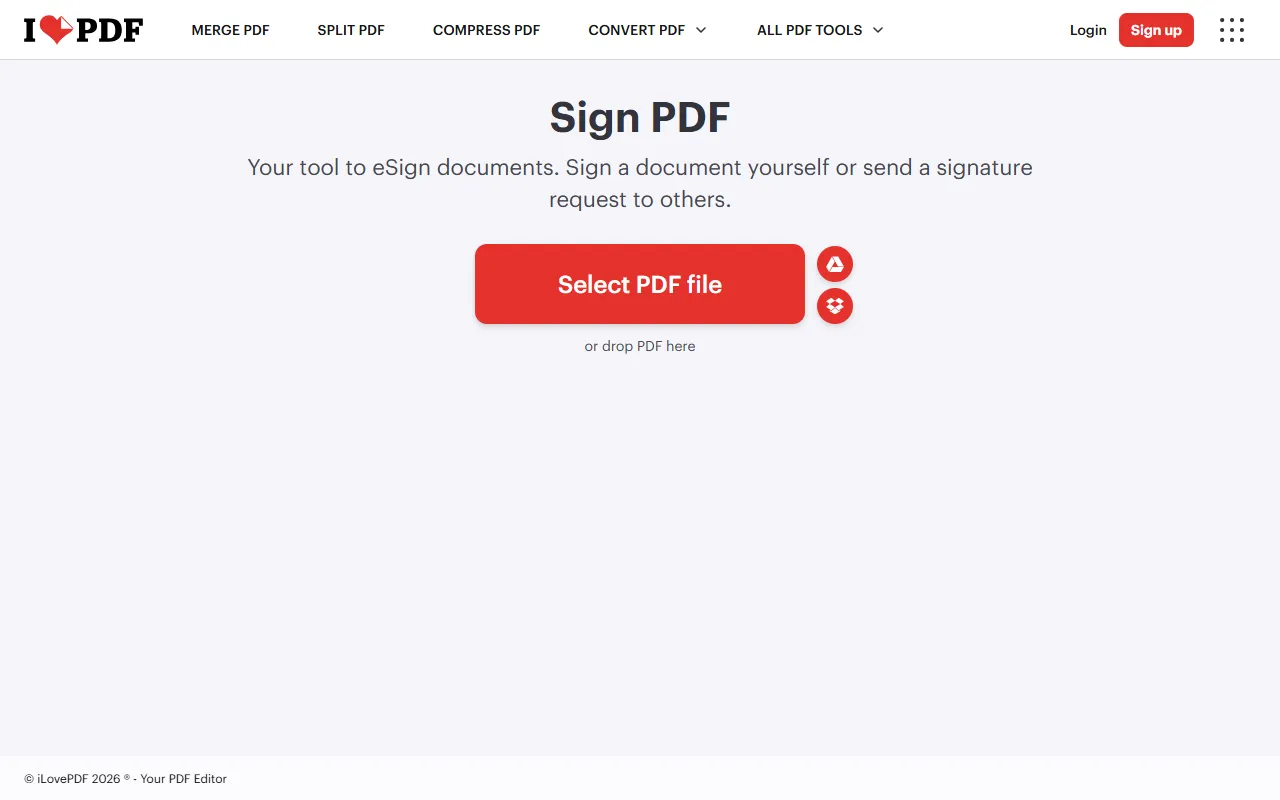 iLovePDF Sign PDF page: sign a document yourself or send a signature request to others