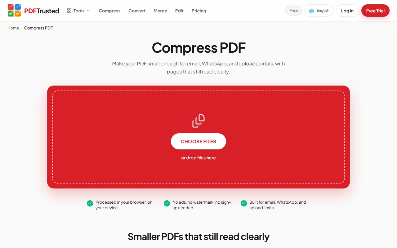 PDFTrusted Compress PDF page where files are compressed privately in the browser