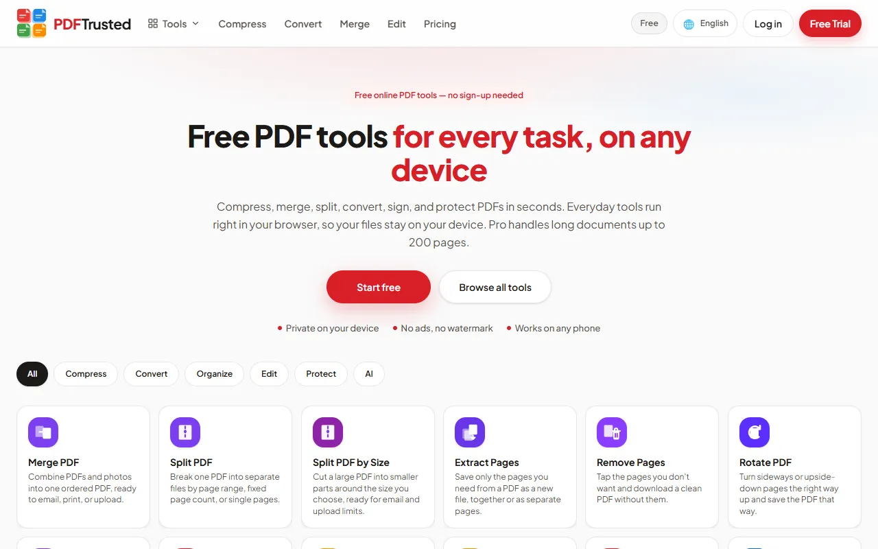 PDFTrusted homepage with the headline βFree PDF tools for every task, on any deviceβ, Start free and Browse all tools buttons, and badges for private on-device processing, no ads and no watermark
