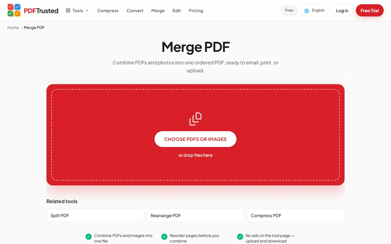 PDFTrusted Merge PDF page with an upload area for PDFs and images that are combined on your device