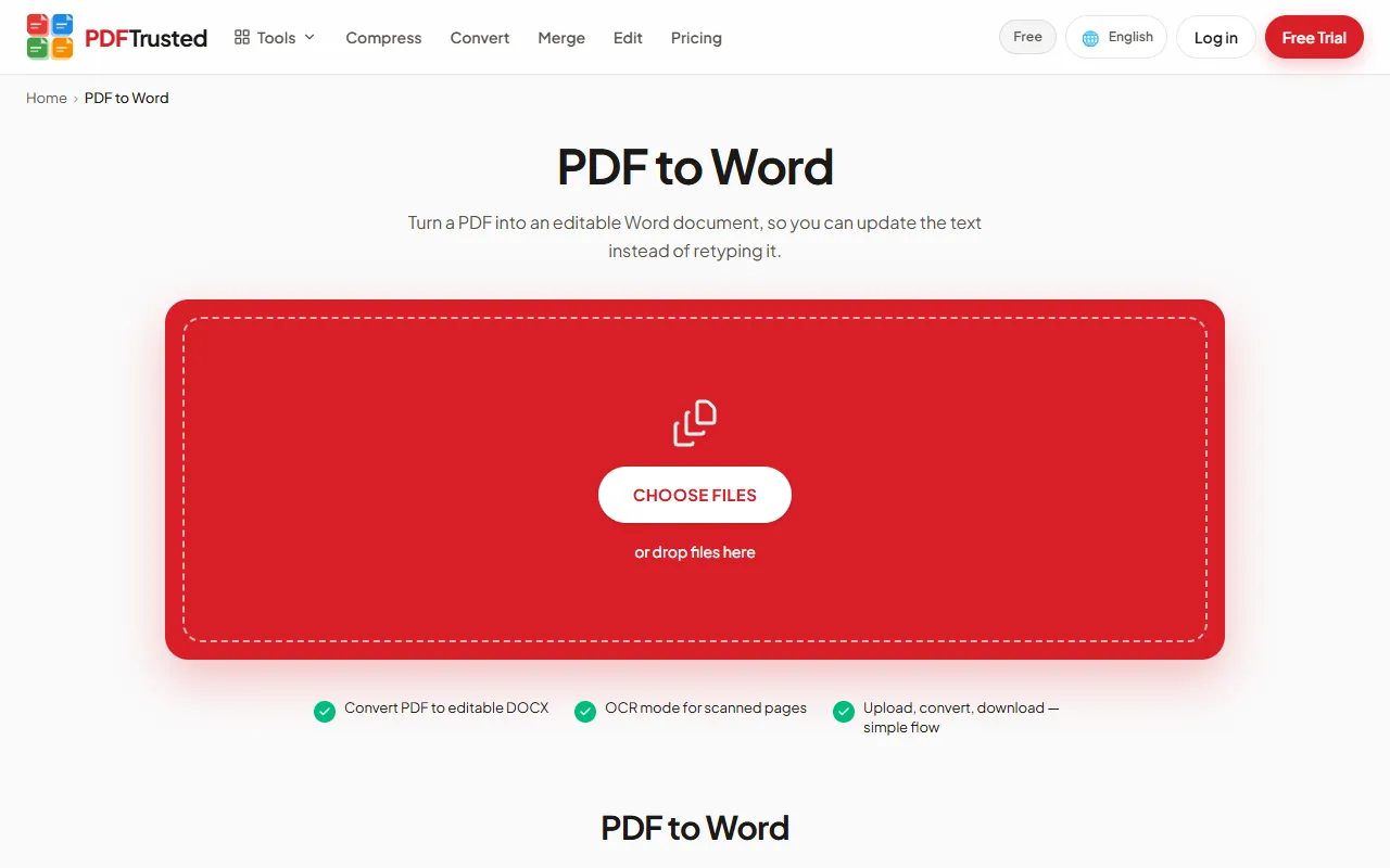 PDFTrusted PDF to Word converter page