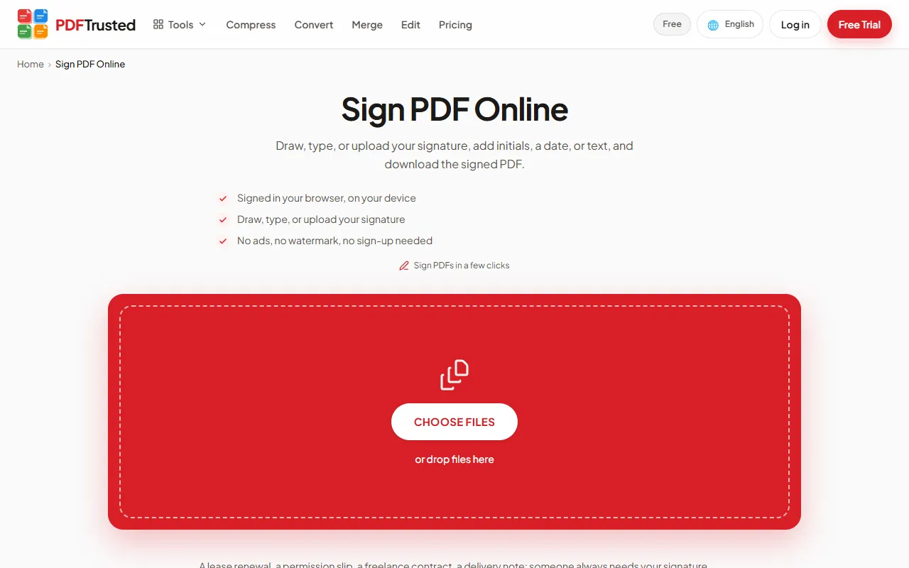 PDFTrusted Sign PDF page where you sign PDFs on your device