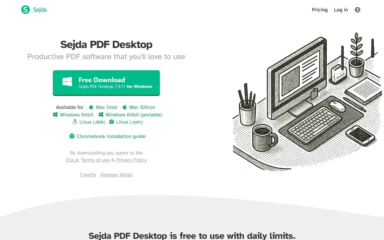 Sejda PDF Desktop download page offering a free download for Windows, macOS and Linux