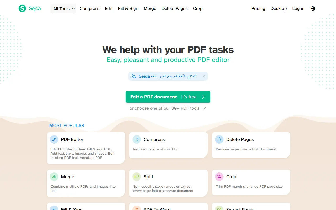 Sejda homepage with a row of PDF tools and a note that no signup is required for basic use