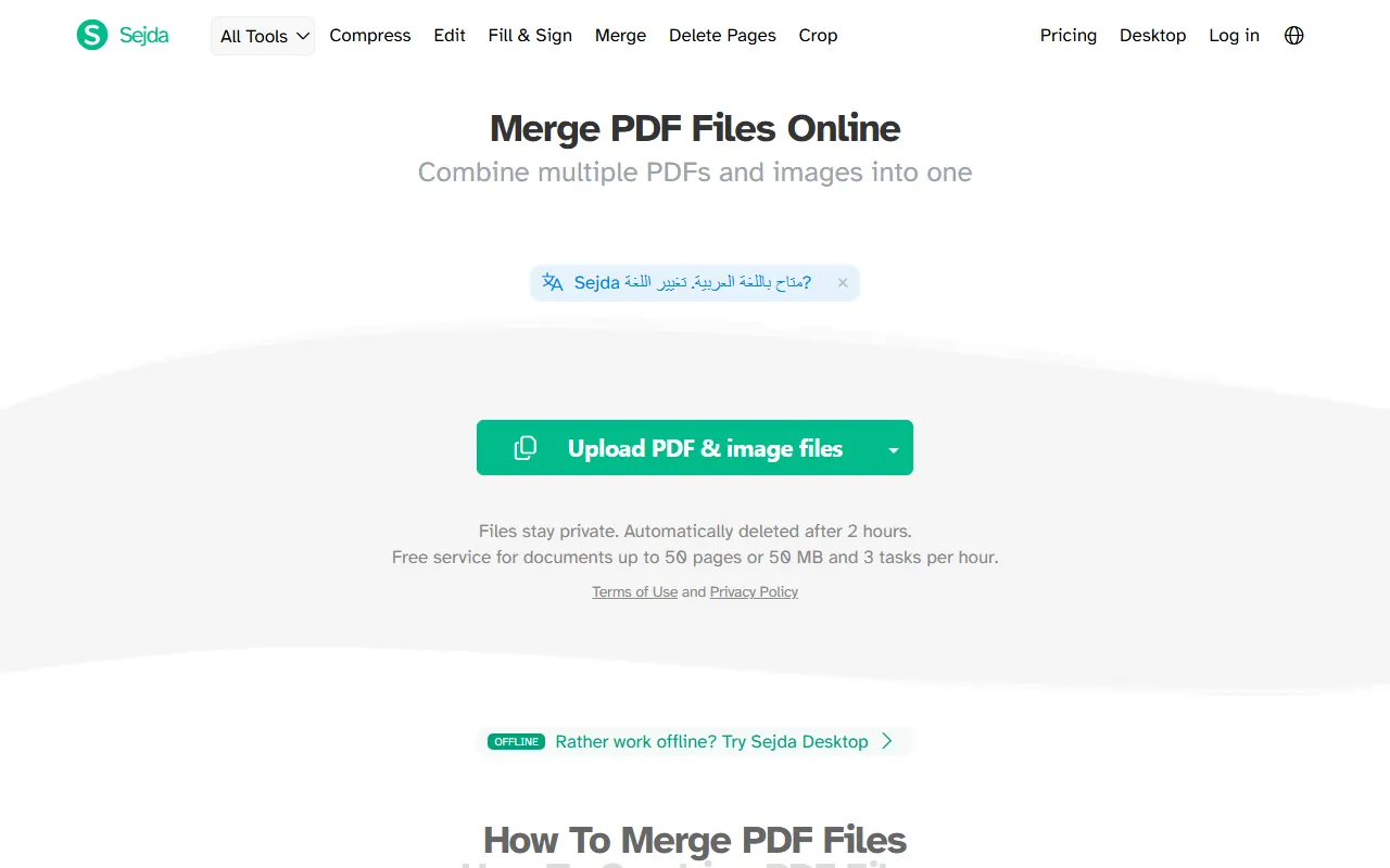 Sejda Merge PDF page with an Upload PDF and image files button and the note that files are deleted after 2 hours