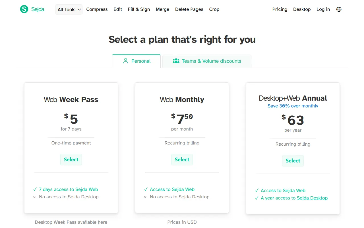 Sejda pricing page showing the $5 Web Week Pass, $7.50 Web Monthly and $63 Desktop + Web Annual plans