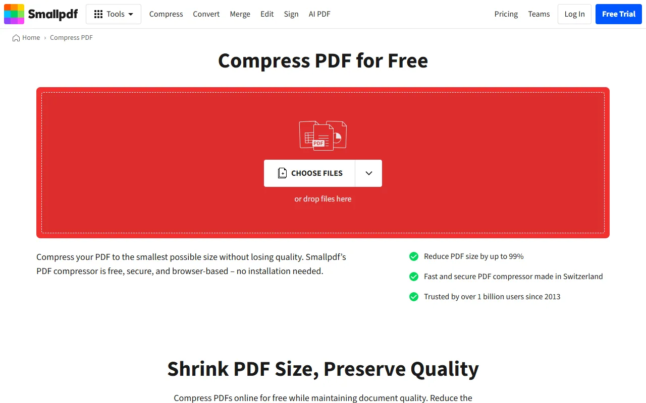 Smallpdf Compress PDF for Free page promising to reduce PDF size by up to 99%