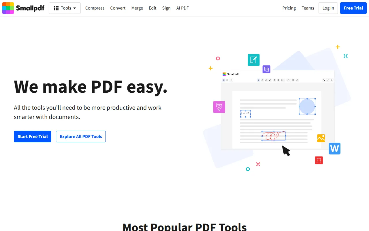 Smallpdf homepage with the headline βWe make PDF easy.β, Start Free Trial and Explore All PDF Tools buttons, and an illustration of a PDF being edited and signed