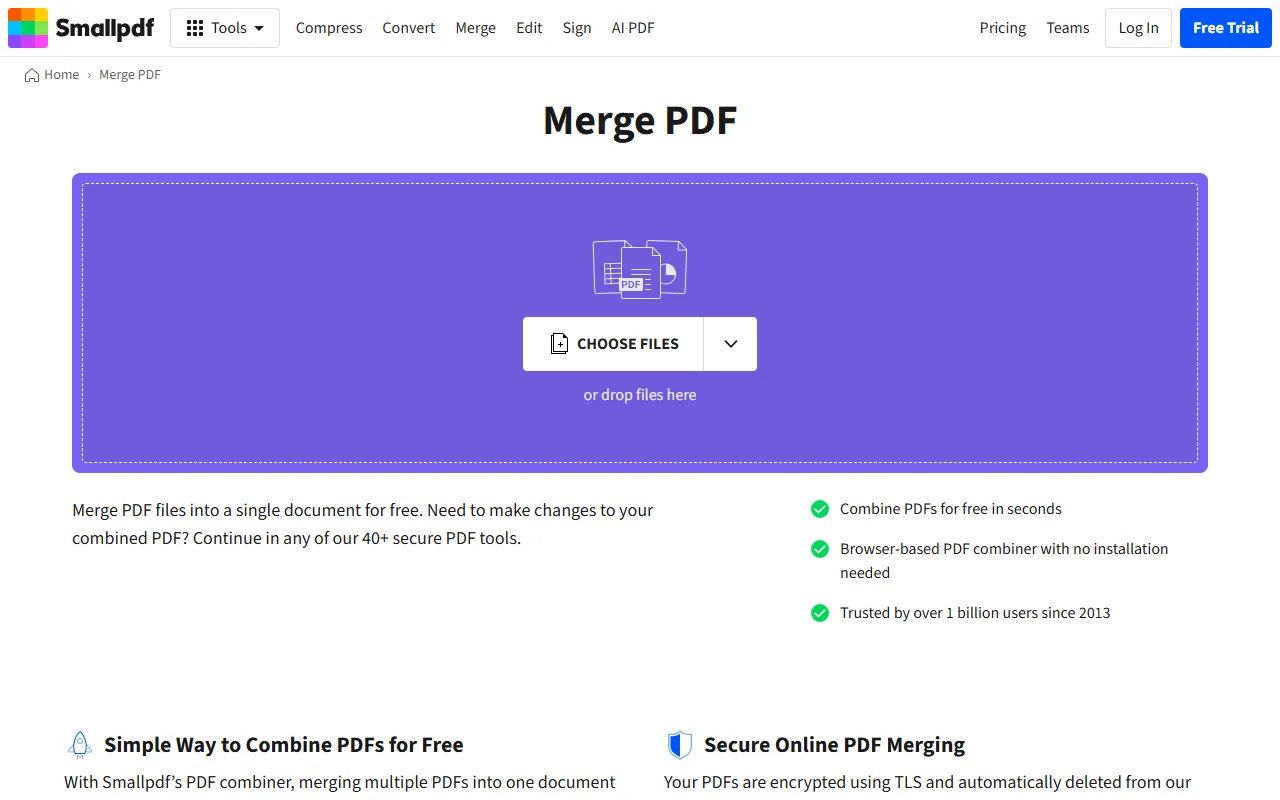 Smallpdf Merge PDF page with a large drop zone and a Choose files button