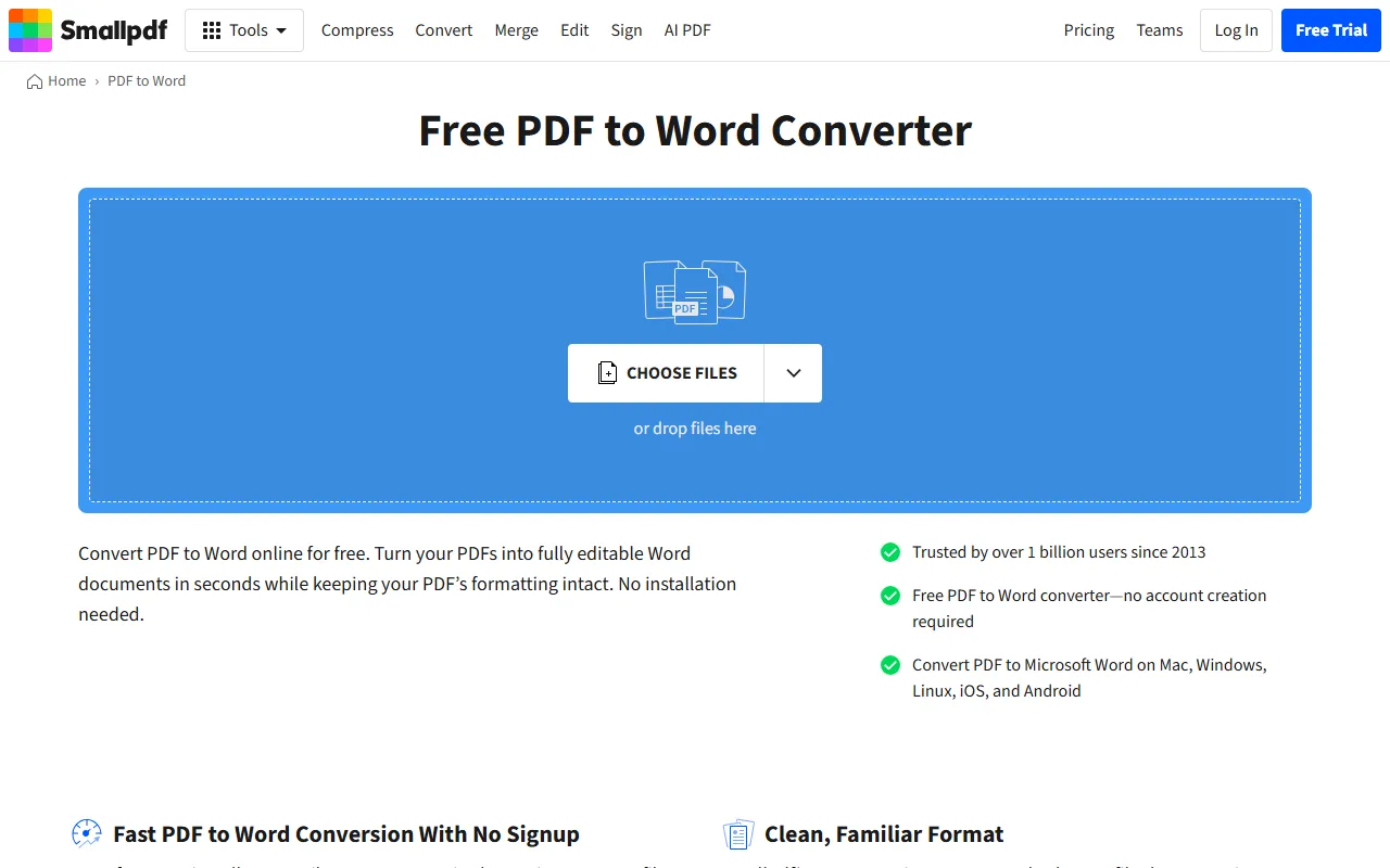 Smallpdf PDF to Word converter page with a file drop zone