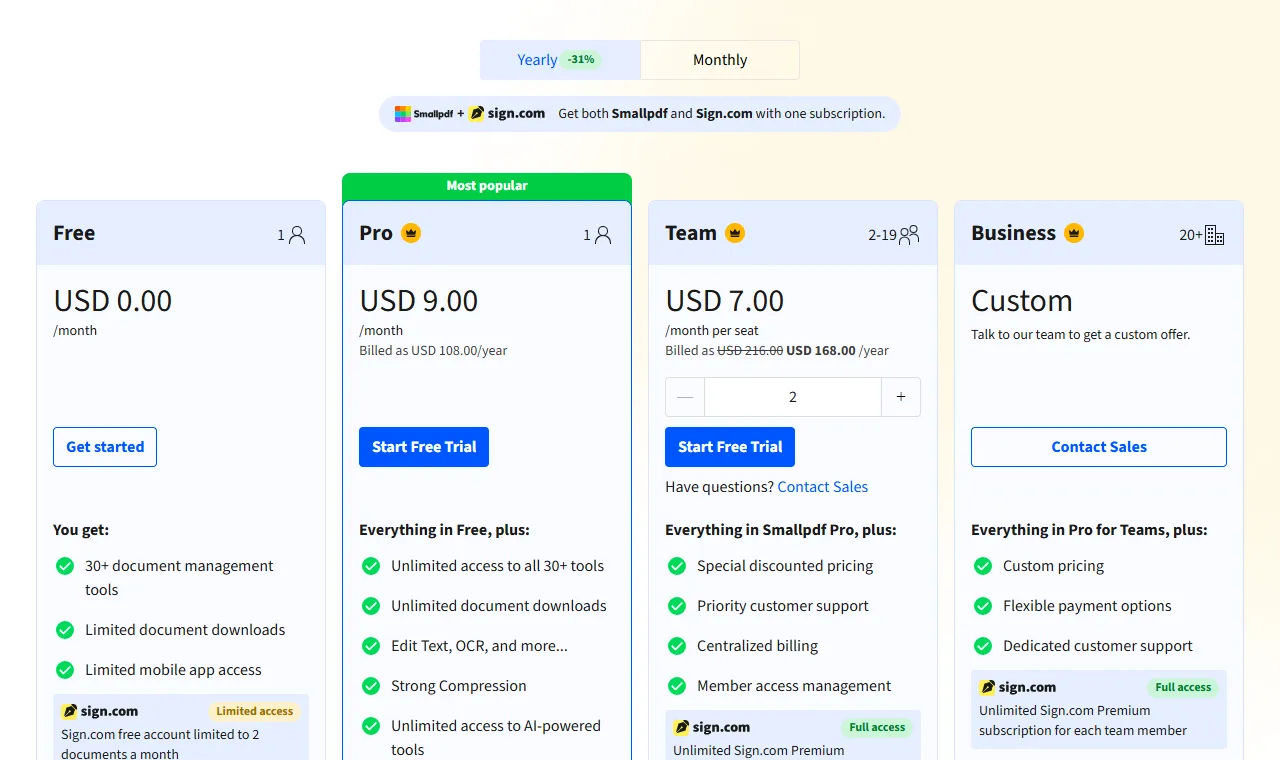 Smallpdf pricing plans: Free, Pro USD 9 per month billed USD 108 per year, Team USD 7 per seat, and Business custom
