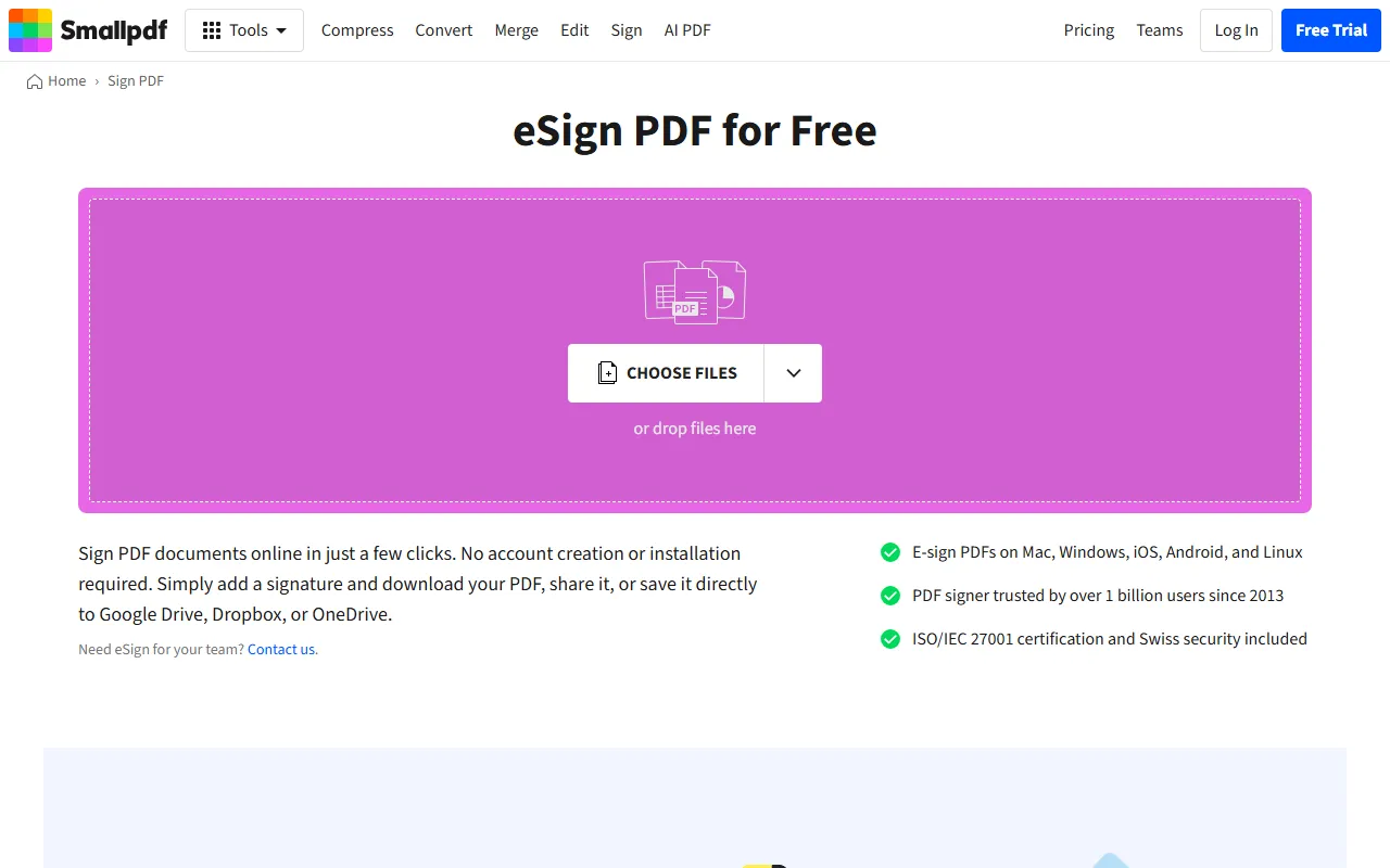 Smallpdf Sign PDF page with a file drop zone