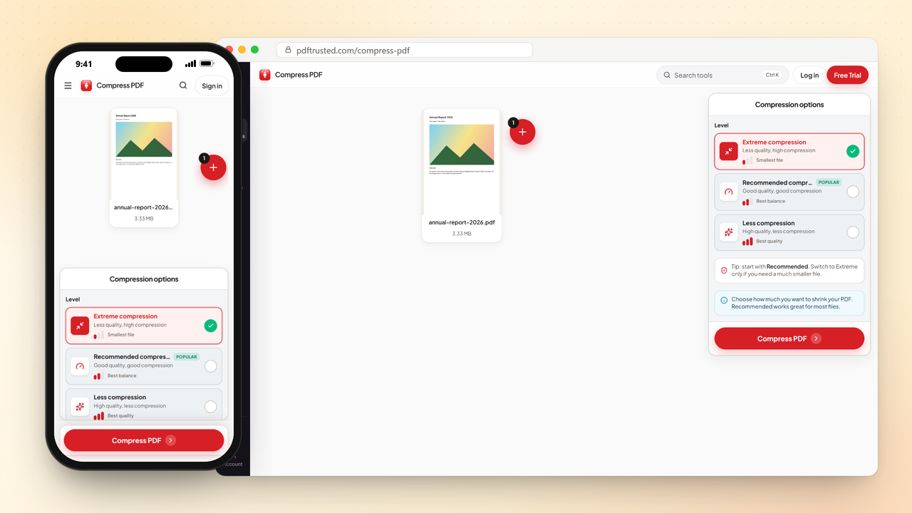 Compress PDF with Extreme compression selected for the smallest file, in a desktop browser and on a phone