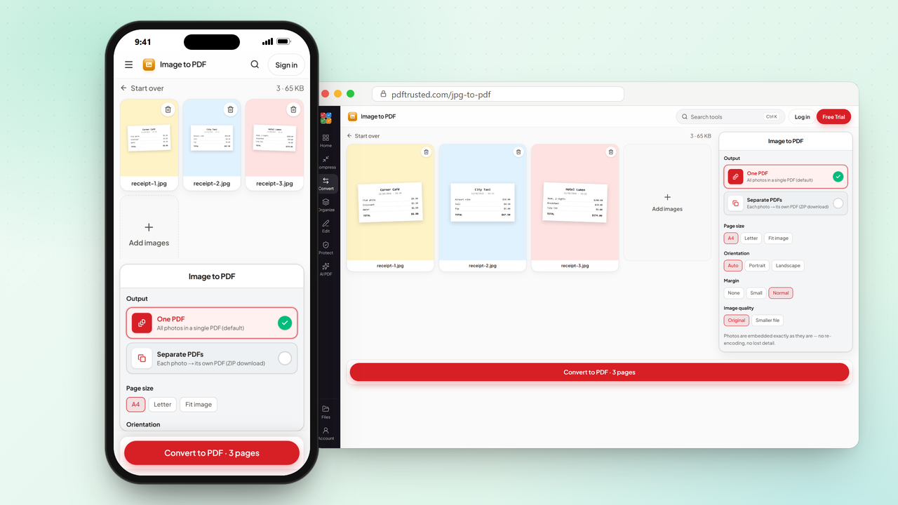 JPG to PDF on a phone with three receipt photos loaded and One PDF selected, next to the same screen on desktop